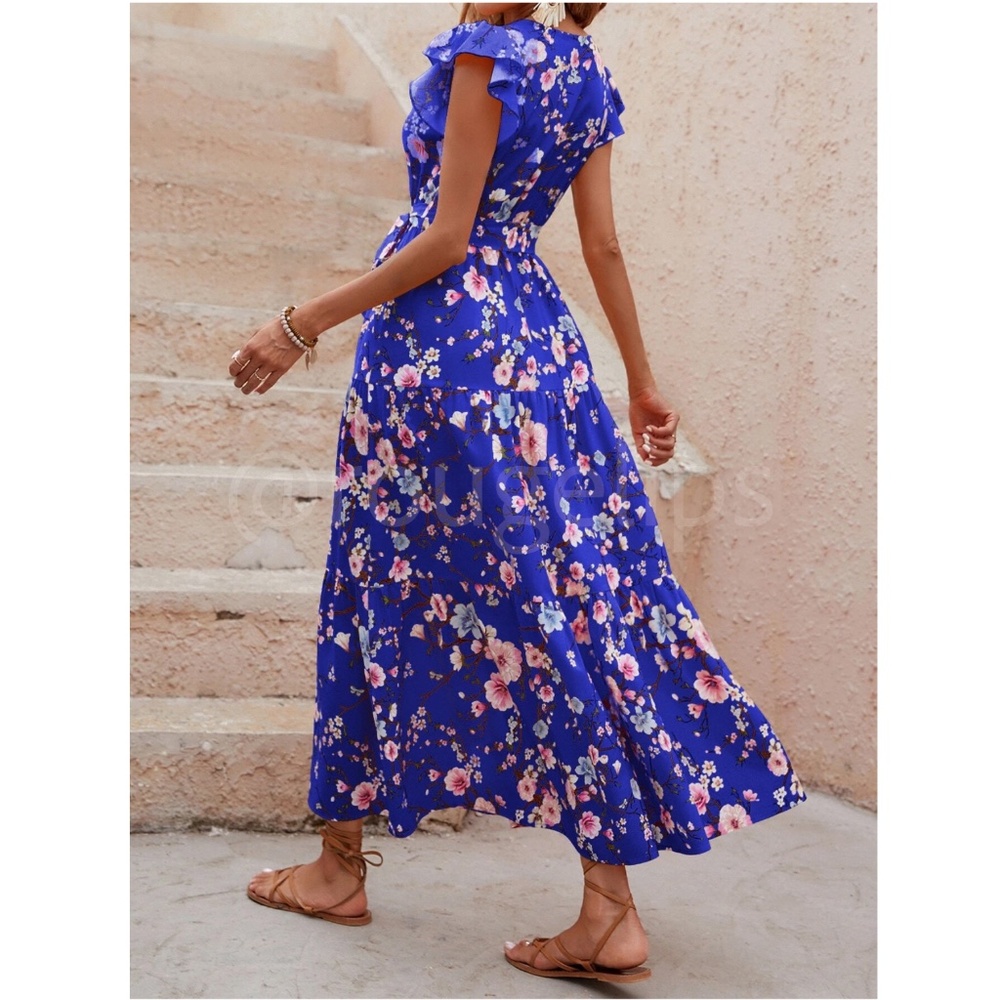 Floral Dress Surplice Overlapping V Neck Fit & Flare Maxi Long Blue Tie Belt - Picture 4 of 7